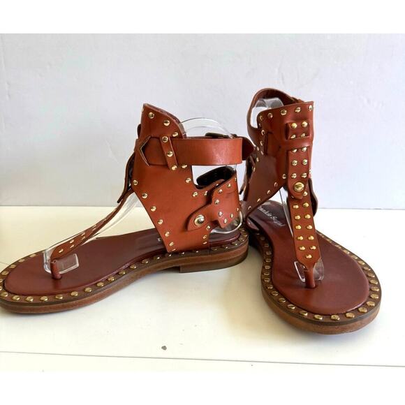 Frankie Segal Sandals Gladiator Studded Cognac Tan Gold Leather Retail$495 Sz 36 - Picture 2 of 10